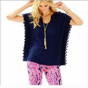 Lilly Pulitzer True Navy Blue Keating Poncho Knit Sweater Boho Oversized Sz S